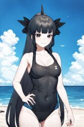 ai_generated artemis_of_the_blue atelier_live beach black_hair blue_tongue indie_virtual_youtuber one-piece_swimsuit ponytail shark_girl swimsuit virtual_youtuber vtuber