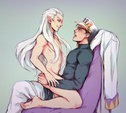 2boys clothed/nude diamond_is_unbreakable dilf gay jojo's_bizarre_adventure jotaro_kujo kora-jo long_hair male male_only mikitaka_hazekura nude_male yaoi