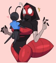 1boy 1girls ant ant_girl ant_humanoid anthro archer big_breasts buzz_(idolomantises) cum cum_through_clothes cum_through_clothing cum_through_shirt dubious_consent erect_nipples erect_nipples_under_clothes hood idolomantises mask mothmilfs nipple_bulge nipples nipples_visible_through_clothing paizuri paizuri_under_clothes primrose_(idolomantises) questionable_consent red_body red_skin shocked small_but_hung small_dom_big_sub smaller_male surprise surprise_paizuri surprise_sex surprised