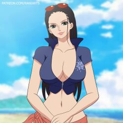 1girls animated areolae big_breasts black_hair bouncing_breasts breasts exposed_breasts female female_only flashing_breasts navel nico_robin nipples one_piece pants post-timeskip rakara11 solo_female sound tagme video wink