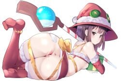 1girls alternate_costume anus ass big_ass blush breasts christmas fat_ass female_focus female_only full_body hotvr huge_ass knees_together_feet_apart kono_subarashii_sekai_ni_shukufuku_wo! laying_down laying_on_stomach looking_at_viewer looking_back magic magic_wand megumin nipples no_panties on_side pussy pussy_juice ribbon simple_background skirt small_breasts solo solo_female solo_focus vagina