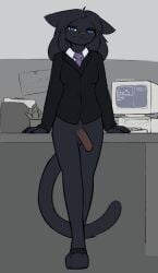 anthro avenu blue_eyes bottomless business_suit clothed clothing computer domestic_cat eggnog_(artist) felid feline felis genitals grey_body humanoid_genitalia male mammal necktie office penis solo suit tagme tail