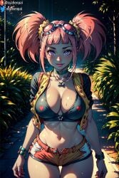 1girls ai_generated big_breasts blue_eyes breasts dinosaur_king female female_only glasses glasses_on_head looking_at_viewer osyasenpai outdoors pink_hair solo solo_female stable_diffusion twintails zoe_drake