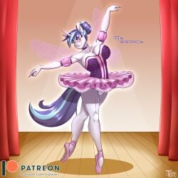 1:1 absurd_res anthro anthrofied ballerina ballet big_breasts blush breasts bulge cleavage clothed clothing dancing detailed_bulge dress english_text equid equine friendship_is_magic futanari futanari_transformation futanarization hasbro hi_res horn horse insect_wings intersex intersex_anthro lepidopteran_wings male_(lore) male_to_futa mammal mtg_crossgender mti_crossgender my_little_pony pony rule_63 shining_armor_(mlp) smooth_skin solo tatemil text tutu underwear unicorn wings