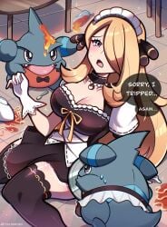 1girls absurd_res artist_name blonde_hair bow bowtie choker cleavage clumsy crying cynthia_(pokemon) dialogue female female_focus floor gible gloves hair_ornament hair_over_one_eye highres large_breasts long_hair maid maid_headdress maid_uniform nintendo open_mouth pokemon pokemon_dppt purple_eyes spill spilled_drink talking_to_viewer tears thick_thighs thighhighs touyarokii very_long_hair watermark