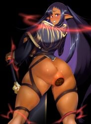 1girls anus ass dark-skinned_female dark_skin embarrassed female oekaki_fahya pointy_ears red_eyes scat scat_desperation shitting sweat sword turtleheading