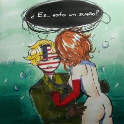 1boy 1girls clothing countryhumans countryhumans_girl female idkcocco male medium_breasts mexico_(countryhumans) naked nude nude_female spanish_text text traditional_media_(artwork) united_states_of_america_(countryhumans) white_body white_skin