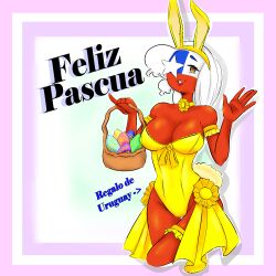 alternate_version_available big_breasts bunny_ears bunny_tail chile_(countryhumans) clothing countryhumans countryhumans_girl dress easter egg fake_rabbit_ears female female_only lipstick simple_background spanish_text text white_background white_hair