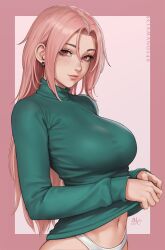 belly_button chloe_(sciamano240) ear_ring freckles freckles_on_face human large_breasts looking_at_viewer mammal oc original original_character panties pink_background pink_hair portrait pulling_clothing red_eyes sciamano240 smile solo solo_focus sweater sweater_lift