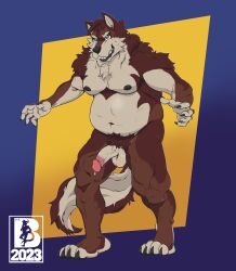 absurd_res anthro balls belly bodily_fluids bulge canid canine canis chubby_male genital_fluids genitals hi_res male male_only mammal mr.brapion musclegut muscular nipples nude penis precum pubes solo wolf wrestling wrestling_outfit