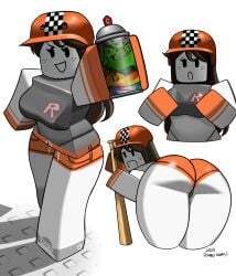 1girls ass baseball_bat forced_perspective freckles helmet holding_breast kansu-kansu large_breasts long_hair medium_breasts open_mouth roblox robloxian shorts sk8tr sk8trgirl smile sneakers spray_can sweatdrop tagme wide_hips