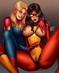 2dnsfw 2dswirl 2girls areola areolae big_breasts biting_lip biting_own_lip blonde blonde_female blonde_hair breasts breasts_exposed breasts_out captain_marvel carol_danvers exposed exposed_breasts female female_focus female_only fingering fingering_partner fully_clothed jessica_drew lactating lactation lesbian lesbian_sex lesbians marvel marvel_comics masked masked_female nude nude_female spider-woman squirt squirting yuri