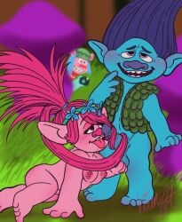 20th_century_fox blue_hair branch_(trolls) breasts canon_couple cooper_(trolls) dreamworks feet long_hair nude_female oral_sex penis pink_hair poppy_(trolls) prehensile_hair sex troll troll_female trolls_(film) universal_studios