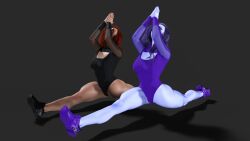 2girls 3d amelie_lacroix big_ass big_breasts black_widow_(marvel) bodysuit death_battle exercise exercise_clothing female female_only fit fit_female heroine legs long_hair marvel marvel_comics natasha_romanoff overwatch purple_hair red_hair stretching superhero superheroine thick_ass thick_thighs tight_clothing widowmaker yoga