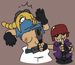 1boy 1girls bananalizard baseball_bat baseball_helmet black_pants blonde_hair blue_shirt breasts cleavage colored drawpile exposed_breasts female fingerless_gloves gloves goggles_on_head hair_over_one_eye helmet jet_(lethal_league) large_breasts lethal_league lethal_league_blaze male masked_female pink_nipples raptor_(lethal_league) shirt_lift shirt_pull shocked shocked_expression shushing simple_background twintails white_pants white_skin