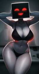 1girls ai_generated background big_breasts black_bikini bra breasts computer computer_head computer_monitor female female_focus female_only glowing_eyes glowing_mouth grey_skin holding_head horny horny_female living_machine machine panties posing robot robot_girl robot_humanoid smile smiling smiling_at_viewer thick_thighs wide_hips yandere yandere_computer