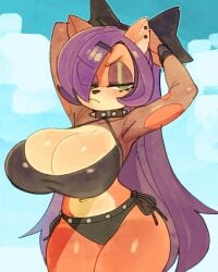 1girls activision annoyed anthro armpits arms_behind_head arms_up bandicoot bangs bangs_over_eyes big_breasts bikini blush bow busty choker cleavage cloud clouds coco_bandicoot crash_(series) dark_coco ear_piercing eyelashes eyeshadow female female_only frown furry goth green_eyes hair_over_one_eye hairclip highlights_(coloring) large_breasts navel one_eye_covered pose posing ripped_clothing snout spandex_clothing spiked_collar swimsuit thick_thighs thighs very_long_hair voluptuous wamudraws wide_hips wristwear