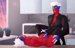 2boys blush countryhumans male male_only mark_braun_(artist) markings penetration red_body red_skin russia_(countryhumans) russian_empire_(countryhumans) short_hair white_hair yaoi