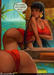 1girls black_hair blushedarts chel curvaceous curvy_female curvy_figure dblushed earrings english_text female_only green_nails hi_res huge_breasts long_hair nail_polish painted_nails solo_female solo_focus swimsuit the_road_to_el_dorado voluptuous voluptuous_female