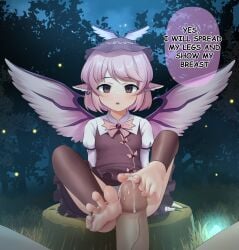 absurdres barefoot earrings erection feet female footjob hat highres hypnosis jewelry knees_up looking_at_viewer maozi_dan mind_control mystia_lorelei night open_mouth penis pink_hair single_earring sitting_on_tree_stump soles spread_toes teeth toenails toes touhou two-footed_footjob wings young