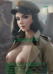 1girls ai_generated areolae bethesda_softworks big_breasts black_hair breasts cigarette english_text exposed_breasts fallout fallout_4 looking_at_viewer mrchippps98 nipples nude open_shirt piper_wright short_hair smoking smoking_fetish solo_female text