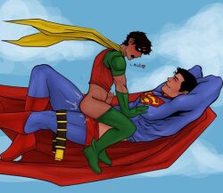 age_difference anal anal_sex bigger_penetrating_smaller blush clark_kent cowgirl_position dc dc_comics dick_grayson flying gay kal-el male male_only no1_tballplayer questionable_consent robin_(dc) robin_(dick_grayson) size_difference superhero superman superman_(clark_kent) yaoi