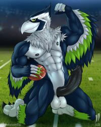 abs absurd_res accipitrid accipitriform anthro athletic athletic_anthro athletic_male avian ball balls biceps bird blitz_the_seahawk blue_body erection flexing football_field genitals green_eyes grey_torso gridiron_ball hi_res iudicium86 kneeling male mascot muscular muscular_anthro muscular_male neck_tuft nfl nipples nude pecs seahawk seattle_seahawks solo tuft wings