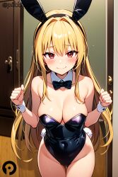 ai_generated animal_ears bangs bare_shoulders black_bow black_bowtie black_leotard blonde_hair blush bow bowtie breasts cleavage closed_mouth collarbone covered_navel cowboy_shot detached_collar door fake_animal_ears female groin hairband highleg highleg_leotard konjiki_no_yami large_breasts leotard long_hair looking_at_viewer pikkiwynn playboy_bunny rabbit_ears rabbit_tail red_eyes smile solo strapless strapless_leotard tail thigh_gap thighs to_love-ru wrist_cuffs