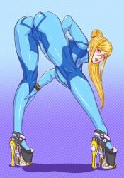 ass ass_focus blonde_female blonde_hair blue_eyes bodysuit boots clothed clothing happy high_heels latex latex_bodysuit latex_legwear latex_suit latex_thighhighs legs metroid nintendo niramoli pilot_suit platform_heels rubber rubber_suit samus_aran super_smash_bros. zero_suit zero_suit_samus