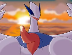 bodily_fluids cum cum_drip dragunsnack dripping feral generation_2_pokemon genital_fluids genitals hi_res legendary_pokemon lidded_eyes looking_at_viewer lugia male nintendo open_mouth outside penis pokemon pokemon_(species) sea seaside smile smiling_at_viewer solo sunset water