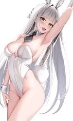 1girls absurd_res arm_up armpits bangs bare_legs black_tie blanc_(nikke) blush breasts bunny_ears bunny_girl bunny_tail cleavage collar detached_collar exposed_shoulders female goddess_of_victory:_nikke long_hair looking_at_viewer open_mouth orange_eyes pole skai_kun slim smile solo thighs white_background white_hair white_leotard