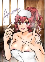 1girls alternate_breast_size anna_(fire_emblem) anna_(fire_emblem_awakening) apocalypse3333 areolae areolae_slip bare_shoulders big_breasts breasts cleavage collarbone female female_only fire_emblem fire_emblem_awakening fire_emblem_heroes indoors large_breasts looking_at_viewer nail_polish naked_towel nintendo open_mouth red_eyes red_hair red_nails ring sauna short_hair shoulders smile solo steam towel wedding_ring