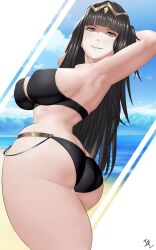 1girls alternate_costume arcedo armpits ass bangs bare_thighs beach bikini black_bikini black_hair black_swimsuit breasts female female_only fire_emblem fire_emblem_awakening grey_eyes large_ass large_breasts long_hair nintendo ocean outdoors solo swimsuit tharja_(fire_emblem) thick_thighs thighs very_long_hair