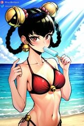 1girls ai_generated beach bikini black_hair blush breasts collarbone female female_only lin_lin_(one-punch_man) looking_at_viewer medium_breasts midriff navel one-punch_man osyasenpai popsicle red_eyes solo stable_diffusion sucking_on_popsicle swimsuit