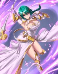 1girls armpits ass bare_thighs big_ass breasts burnt_green_tea cleavage female female_only fire_emblem fire_emblem_heroes gloves green_hair large_breasts magic nintendo open_mouth purple_eyes solo staff thighs thorr_(fire_emblem)