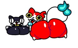 anthro anus ass atlus big_ass big_butt black_body black_eyes domestic_cat duo felid feline felis huge_butt jibanyan level-5 looking_at_viewer looking_back lying male mammal megami_tensei megami_tensei_persona morgana_(persona) nude on_back open_mouth red_body sega shin_megami_tensei superiorfox yellow_sclera yo-kai_watch youkai youkai_watch yōkai