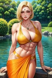 abs ai_generated bangle big_breasts bindi blonde_hair cleavage diffusionlad female female_only garden harem_outfit indian_clothes jewelry milf muscular_female naruto pond sari tsunade