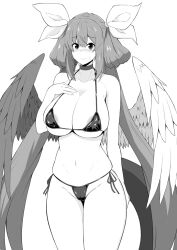 1girls angel_wings areola_slip arm_behind_back asymmetrical_wings bare_shoulders bikini black_bikini blush breasts choker cleavage closed_mouth collarbone covered_erect_nipples covered_nipples dizzy_(guilty_gear) female fingernails fuuma_(bangolga1) greyscale groin guilty_gear hair_between_eyes hair_ribbon hair_rings hand_on_own_chest large_breasts long_hair mature_female milf monochrome navel red_eyes ribbon sharp_fingernails sidelocks skindentation smile solo stomach sweat sweatdrop swimsuit thigh_gap thighs twintails underboob wings