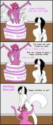 2014 anthro ass balls big_penis birthday birthday_cake black_hair bodily_fluids butt_grab cake canid canine canis cum cum_in_mouth cum_inside dessert dialogue digital_media_(artwork) diphallia diphallism domestic_cat duo english_text erection felid feline felis fellatio food fur genital_fluids genitals girly green_eyes hair hand_on_butt head_grab inside interspecies male male/male male_penetrated male_penetrating male_penetrating_male mammal multi_genitalia multi_penis nude oral oral_penetration penetration penile penis pink_body pink_fur pink_hair pinkie.lovesu pinkie.lovesu_(artist) sex smile speech_bubble text white_body white_fur wolf