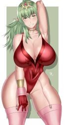 1girls alternate_breast_size alternate_version_available arcedo arm_behind_head armpits ass_visible_through_thighs bangs bare_thighs big_breasts breasts cleavage female female_only fire_emblem fire_emblem_awakening garter_straps gloves green_eyes green_hair grin huge_breasts large_breasts leotard long_hair looking_at_viewer nintendo partially_visible_vulva pointy_ears ponytail smile solo thick_thighs thighhighs thighs tiki_(adult)_(fire_emblem) tiki_(fire_emblem)