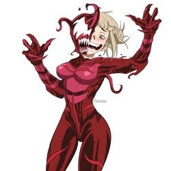 1girls artist_signature blonde_hair blush breasts cani_(artist) carnage_(marvel) crossover fangs female female_only himiko_toga human light-skinned_female light_skin marvel messy_hair my_hero_academia she-carnage short_hair shounen_jump spider-man_(series) symbiote tagme white_background yellow_eyes