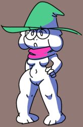 1girls anthro bananalizard breasts colored confused_look curvy deltarune drawpile eyelashes featureless_breasts female female_only furry furry_only glasses goat hand_on_hip hat headwear medium_breasts navel nude nude_female open_mouth pigeon-toed pussy ralsei ralsei_with_white_fur rule_63 scarf simple_background solo solo_female standing thick_thighs vagina white_body white_fur wide_hips wizard_hat