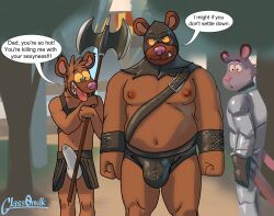 2023 absurd_res age_difference anthro anthro_on_anthro areola armor belly big_bulge biped blush bodily_fluids brown_body brown_fur bulge clothing daxton_(bowserboy101) dialogue didelphid digital_media_(artwork) dobi_(bowserboy101) duo english_text erection eyebrows father father_and_child father_and_son fur genital_fluids genital_outline glass0milk hi_res holding_object holding_weapon hyena incest male mammal marsupial moobs navel nipples oliver_(bowserboy101) open_mouth open_smile overweight overweight_anthro overweight_male parent parent_and_child penis_outline pink_nose precum precum_through_clothing precum_through_underwear smile son speech_bubble talking_to_another teeth tenting text tongue tongue_out underwear weapon wet wet_clothing yaoi