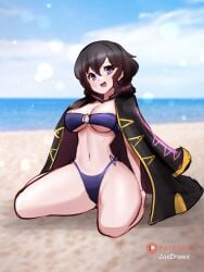 1girls alternate_costume beach bikini black_hair breasts cleavage coat cosplay female female_only fire_emblem fire_emblem_awakening fire_emblem_heroes jaxartdump kneeling large_breasts looking_at_viewer morgan_(fire_emblem) morgan_(fire_emblem)_(female) nintendo o-ring o-ring_bikini ocean outdoors purple_bikini purple_eyes purple_swimsuit robin_(fire_emblem)_(cosplay) smile solo swimsuit underboob