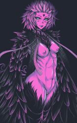 absurdres artist_request bar_censor bird_legs black_background breasts censored commentary_request english_commentary eyebrow_cut facial_mark feathered_wings feathers female forehead_mark green_eyes green_lips harpy highres looking_at_viewer mixed-language_commentary monster monster_girl nipples nude original parted_lips pink_theme pussy short_hair simple_background small_breasts solo spiked_hair spoken_wolv spot_color winged_arms wings