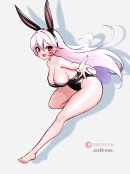 1girls bare_legs barefoot breasts bunny_ears bunny_girl bunnysuit cleavage corrin_(fire_emblem) corrin_(fire_emblem)_(female) female female_only fire_emblem fire_emblem_fates jaxartdump large_breasts legs leotard long_hair looking_at_viewer nintendo open_mouth reaching_out red_eyes smile solo white_hair