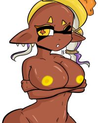 1girls ad_banner angry big_breasts breasts chubby_belly crossed_arms dark-skinned_female deep_cut_(splatoon) female female_only frye_(splatoon) inkling inkling_girl long_ears naked nintendo nipples nude nude_female solo splatoon splatoon_3 tentacle_hair white_background yellow_nipples