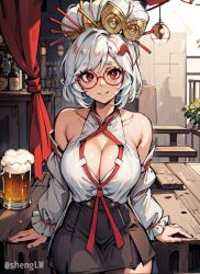 1girls 2023 ai_generated anime_nose bare_shoulders beer big_breasts breasts cleavage clothed_female female glasses nintendo purah purah_(tears_of_the_kingdom) shenglw tears_of_the_kingdom the_legend_of_zelda white_hair