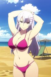 1girls ai_generated armpits arms_behind_head beach big_breasts bikini busty cleavage confident female female_only frolaytia_capistrano grey_hair heavy_object large_breasts long_hair looking_at_viewer navel ocean pose posing sensual sexy_armpits smile solo water