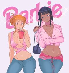 2girls barbie_(2023) barbie_(cosplay) barbie_(franchise) bare_midriff big_breasts black_hair blue_eyes cleavage clothes cowboy_shot cup dark-skinned_female dark_skin drink drinking_straw female female_only jeans light-skinned_female light_skin lushhhh nami nico_robin one_piece orange_hair pink_clothing pre-timeskip purse red_eyes sparkles